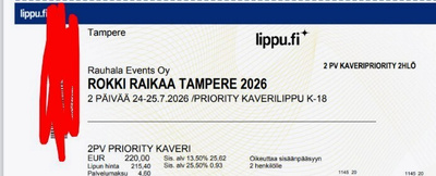 Rokki Raikaa Tampere 2 päivän PRIORITY (=VIP) lippu KAHDELLE