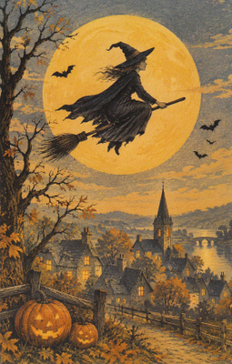 Halloween noita lentää kylän yllä