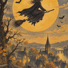 Halloween noita lentää kylän yllä - pikkukuva 1