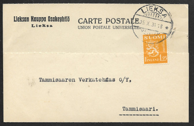 Postil. - Yl.m. 1,25 1930 (LAPE 177) Lieksa 15.10.1934