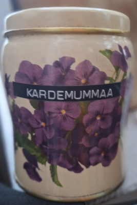 Vintage peltipurkki orvokkipurkki