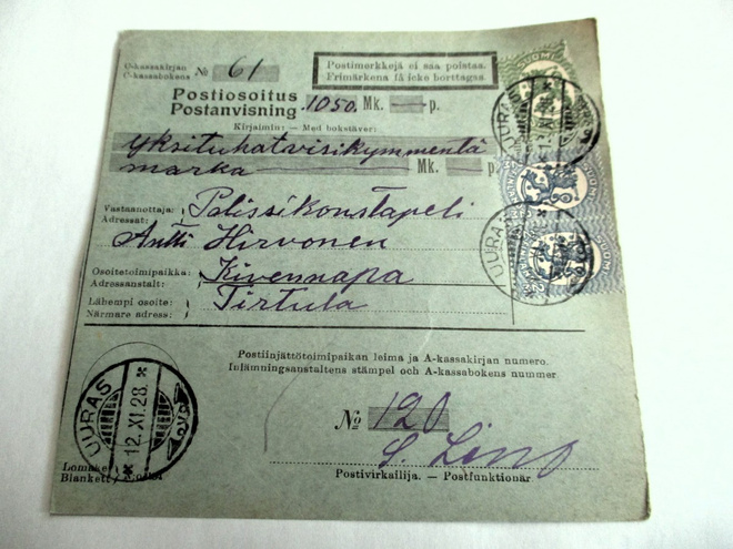 1928 Uuras postiosoitus os Kivennapa Tirtula