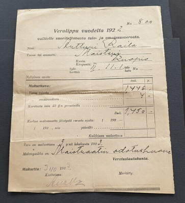 Kuopio verolippu 1922 omaisuusvero
