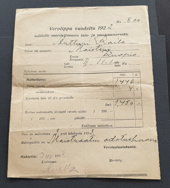 Kuopio verolippu 1922 omaisuusvero