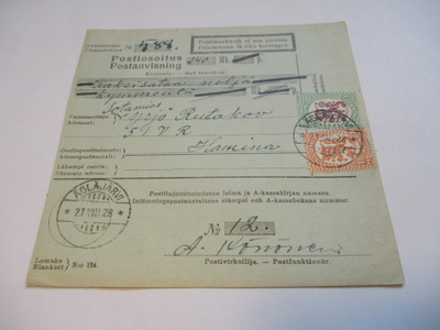 1928 Ägläjärvi postiosoitus Haminaan