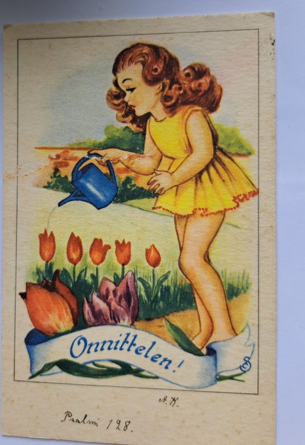 Lapsi kastelee kukkia, sign ?, kulkenut käsipostissa