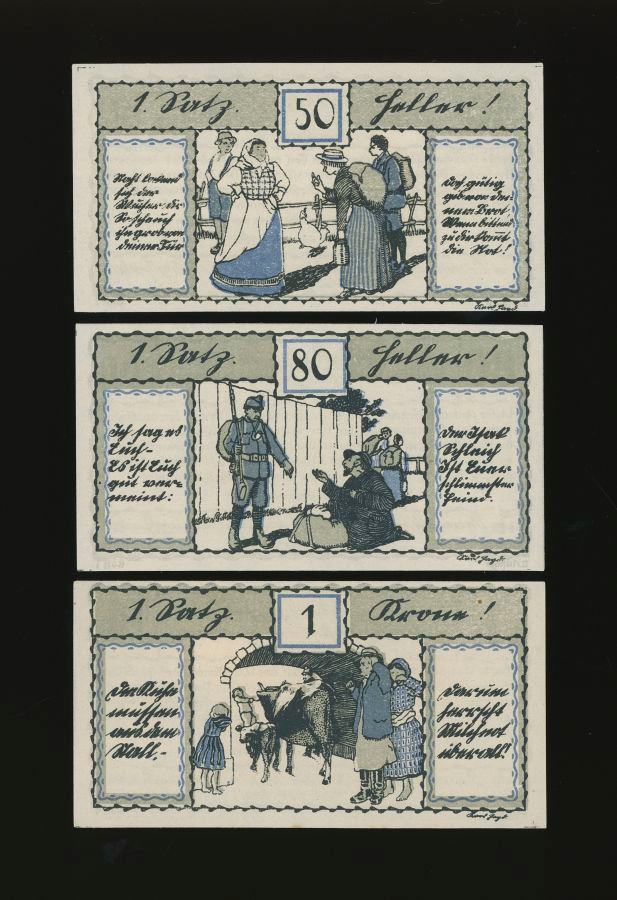 Itävalta Notgeld 50, 80 Heller, 1 Krone, Linz, 3. painos