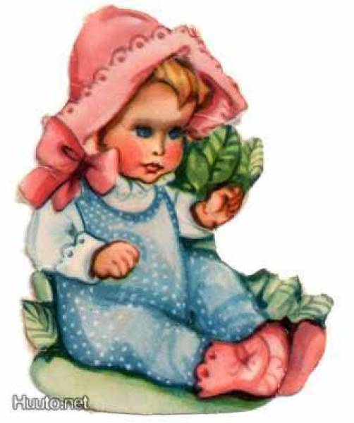 EO 5308 / Siniasuinen rosamyssyinen vauva istuu. 1950-l.