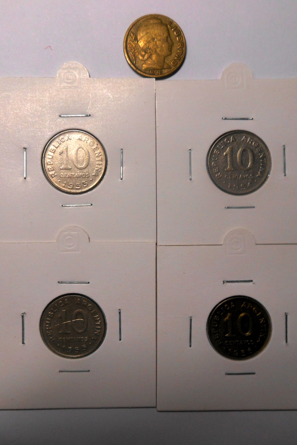 Argentina. 10 centavos 1949, -53,-54,-55,-56.