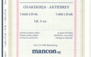 OKK osakekirja Mancon sarja A 1985 pörssi