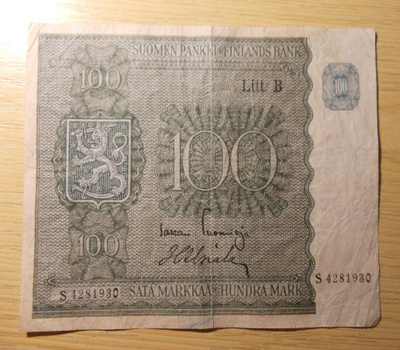 Suomen pankki Sota-ajan setelii 100 markkaa 1945