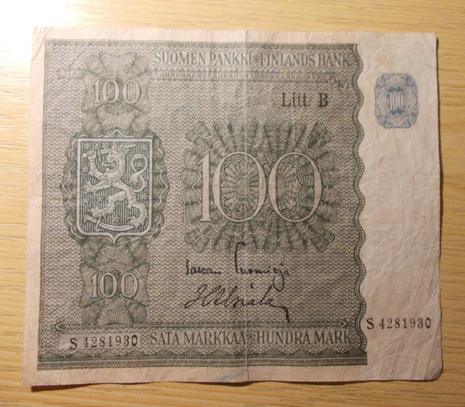Suomen pankki Sota-ajan setelii 100 markkaa 1945