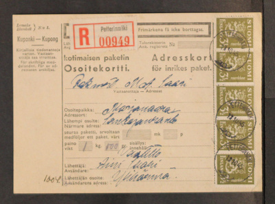# 23381 # R-Petterinmäki osoitekortti Marjovaara -1945
