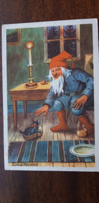 Jenny Nyström, kulkenut joulukortti, pukki ja kissa v. 1948