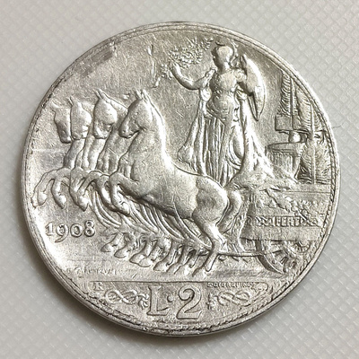 Italia 2 Lire 1908, Vittorio Emanuele III, Hopeakolikko
