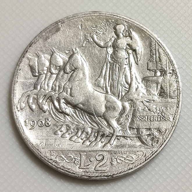Italia 2 Lire 1908, Vittorio Emanuele III, Hopeakolikko