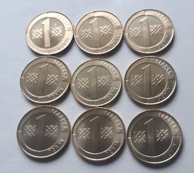 1 mk vuodet 1993 - 2001, yhteensä 9 kpl, UNC