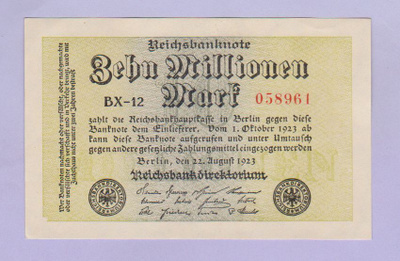 Saksa 10 Millionen Mark Reichsbanknote v.1923 P-106b