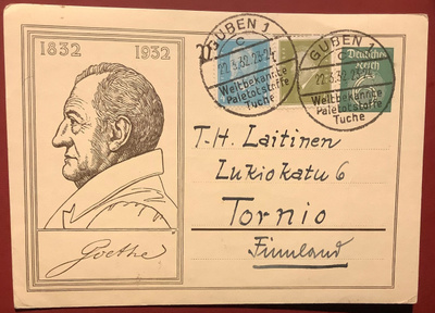 Saksa ehiö Goethe 1832-1932 Guben filatelia lähetys Tornioon
