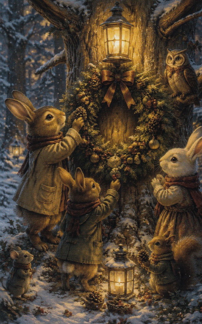 Jänikset laittavat joulukranssin puuhun
