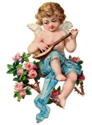 ANTIIKKI ENKELI / Kerubi, mandoliini ja ruusuja. 1900-l.