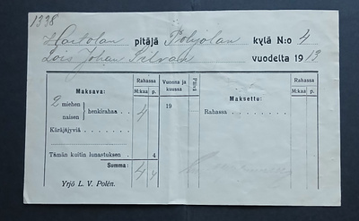 Hartola , Loisen henkirahan kuitti , 1913