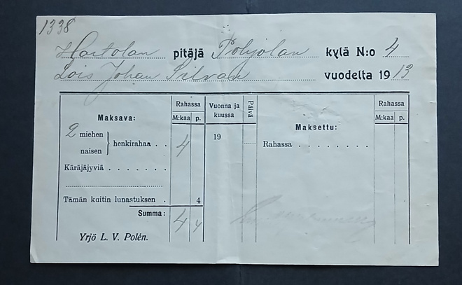 Hartola , Loisen henkirahan kuitti , 1913