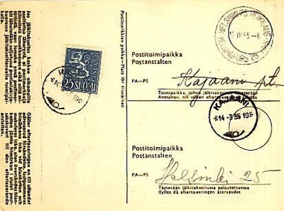 M54 1954 25 (mk) sininen jälkitaksoituskortti Kajaani