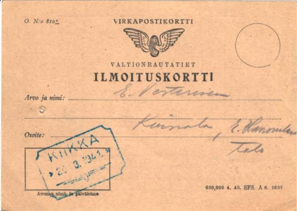 VALTIONRAUTATIEN ILMOITUSKORTTI KIIKKA ASEMALEIMA
