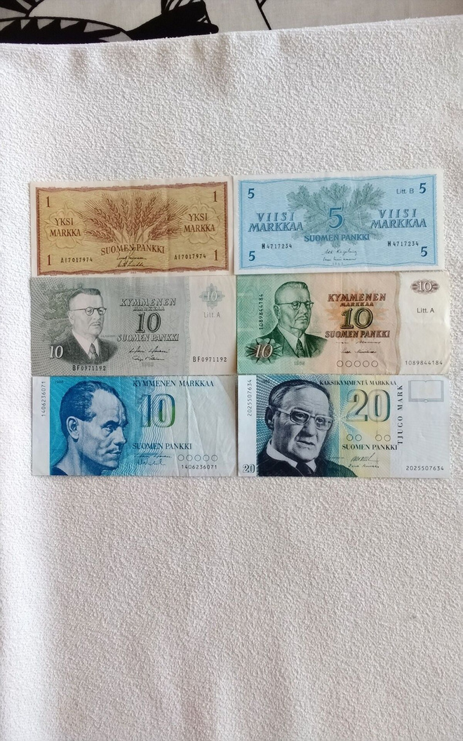 Suomi seteleitä 1-20 Mk. 1963-1993 väliltä 6 kpl.