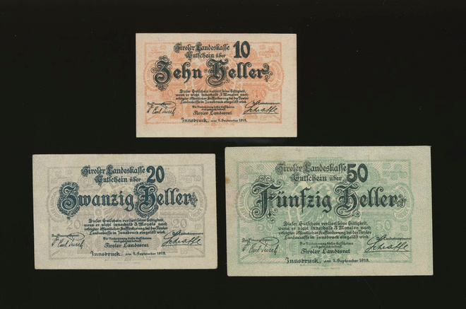 Itävalta Notgeld 10, 20, 50 Heller, Tirol 1919