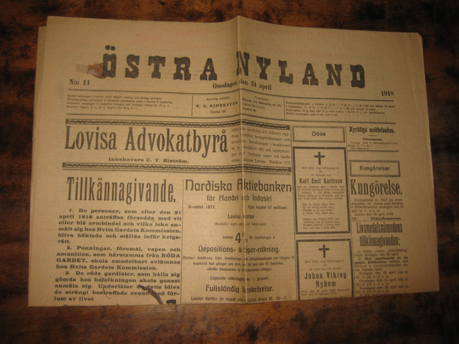 Sanomalehti  Östra Nyland  24.4.1918