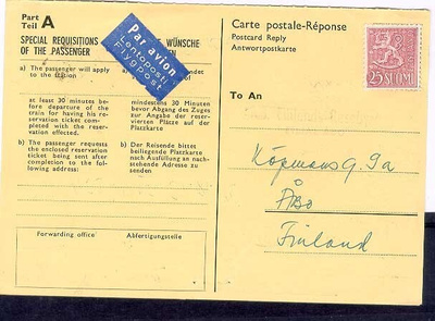 M54 1959 25 (mk) lentopostikorttivastaus Norjasta leimaton