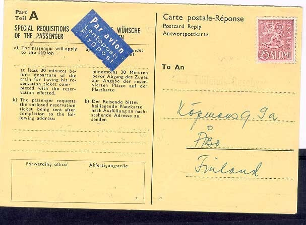 M54 1959 25 (mk) lentopostikorttivastaus Norjasta  leimaton