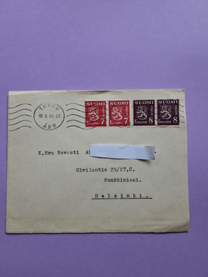 Kulkenut 1960 Turusta -Helsinkiin postilähetyskuori