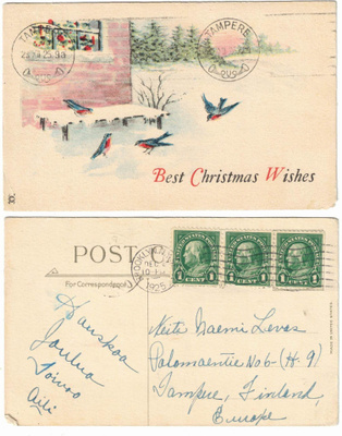 Vanha kortti, talvinen maisema, vuodelta 1925