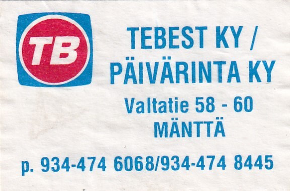 Mänttä, Tebest Ky. TB, Tulitikkuetiketti.  e178