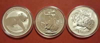 3 x 1 oz hopeaa: Britannia + Koala + Kiivi lintu. (KD8)