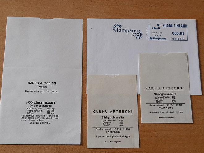 Tampere KARHU APTEEKKI Päänsärkypulveria +Tampere 230v kuori
