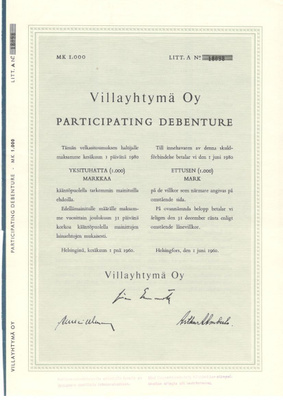 OKK obligaatio Villayhtymä 1960 Participating debenture