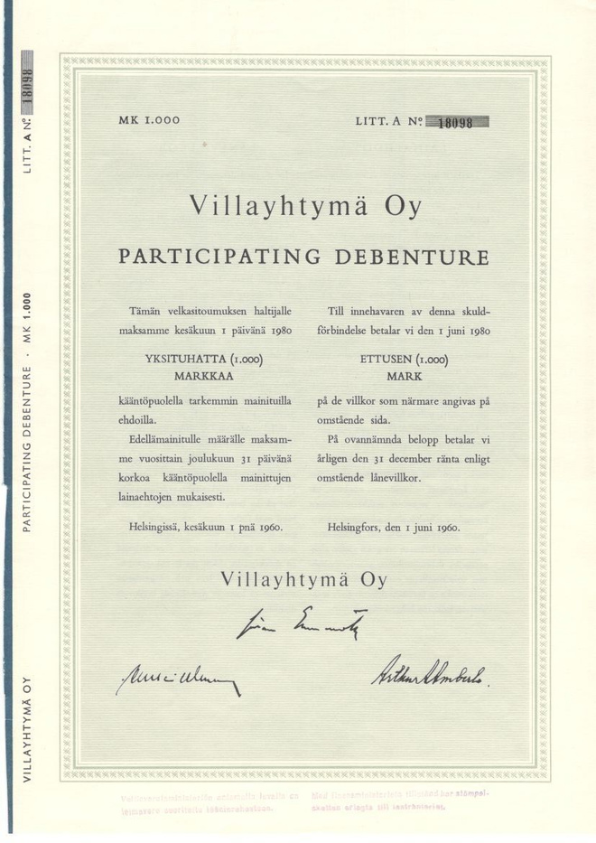 OKK obligaatio Villayhtymä 1960 Participating debenture