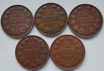 10 PENNIÄ (5kpl) v.1910,1911,1912,1914,1915