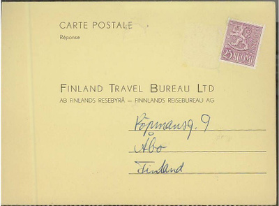 M54 1959 25 (mk) violetti vastauskortti Ruotsista - leimaton