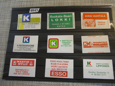 Tulitikkuetikettejä 9 kpl. Mm. Ruokala-Baari Lokki Kotka.