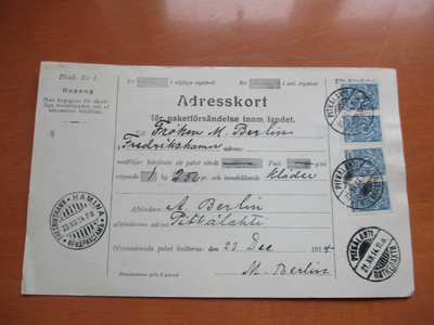 1914 Pitkälahti pakettikortti Haminaan