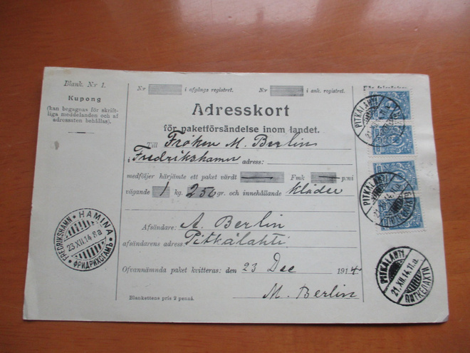 1914 Pitkälahti pakettikortti Haminaan