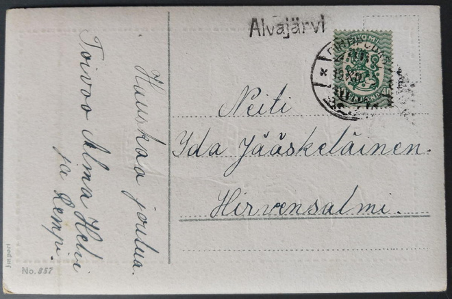 Pp.-leima ALVAJÄRVI / Pihtipudas 1928 saarismerkillä 128B