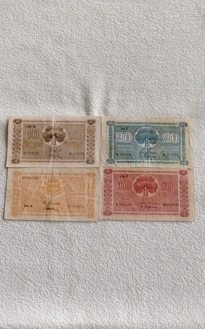 Suomi 5,10,10,20 markan setelit 4 kpl. 1939-1945 vuosilta