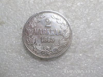 2  markkaa  1865   Hopeaa    , siistikuntoinen  Kl 7-8