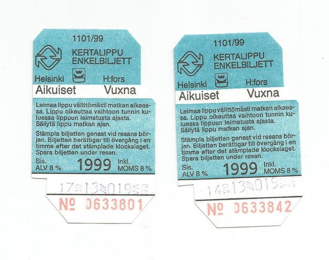 HKL kertalippu 2 kpl vuodelta 1999